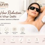 Promotional banner for Clinic Nurim Dermatech in Preet Vihar, Delhi, advertising Laser Hair Reduction. The graphic shows a woman undergoing an underarm laser hair removal session with icons highlighting benefits like reduced hair growth, smoother skin, long-lasting results, and safe treatment across areas like face, underarms, legs, and full body.